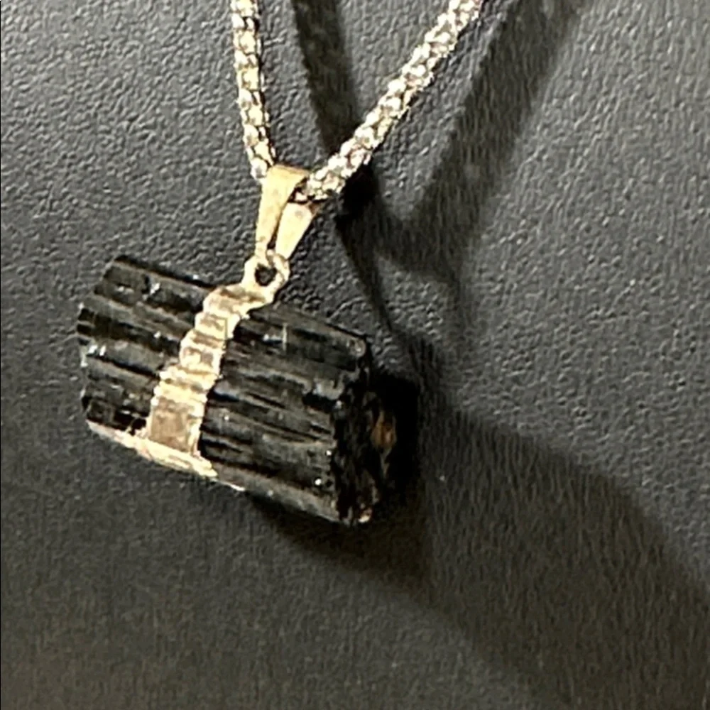 Raw Black Tourmaline Horizontal Pendant Necklace